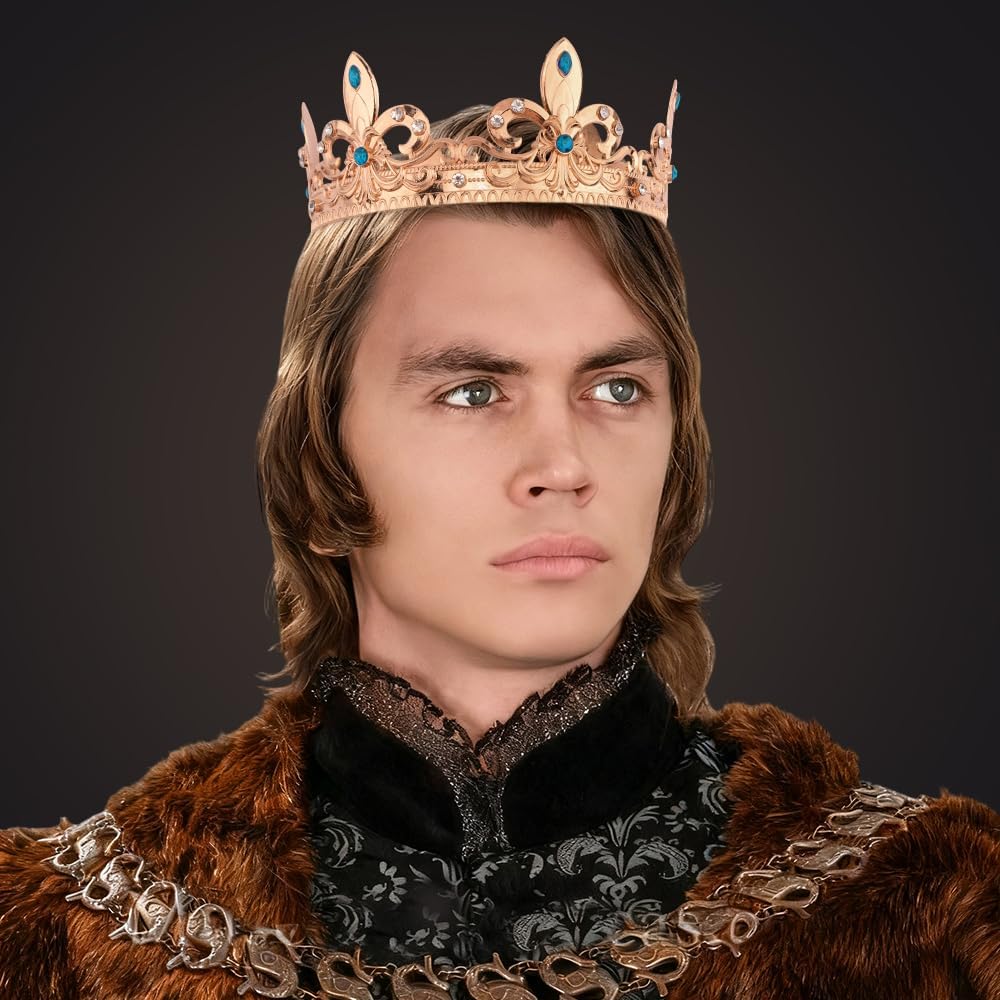 Crown for Men Rhinestones Gold Crowns Blue Crystal Tiara Prince Crowns Royal Medieval Crown for Women Hair Accessory Men's Headwear birthday prom