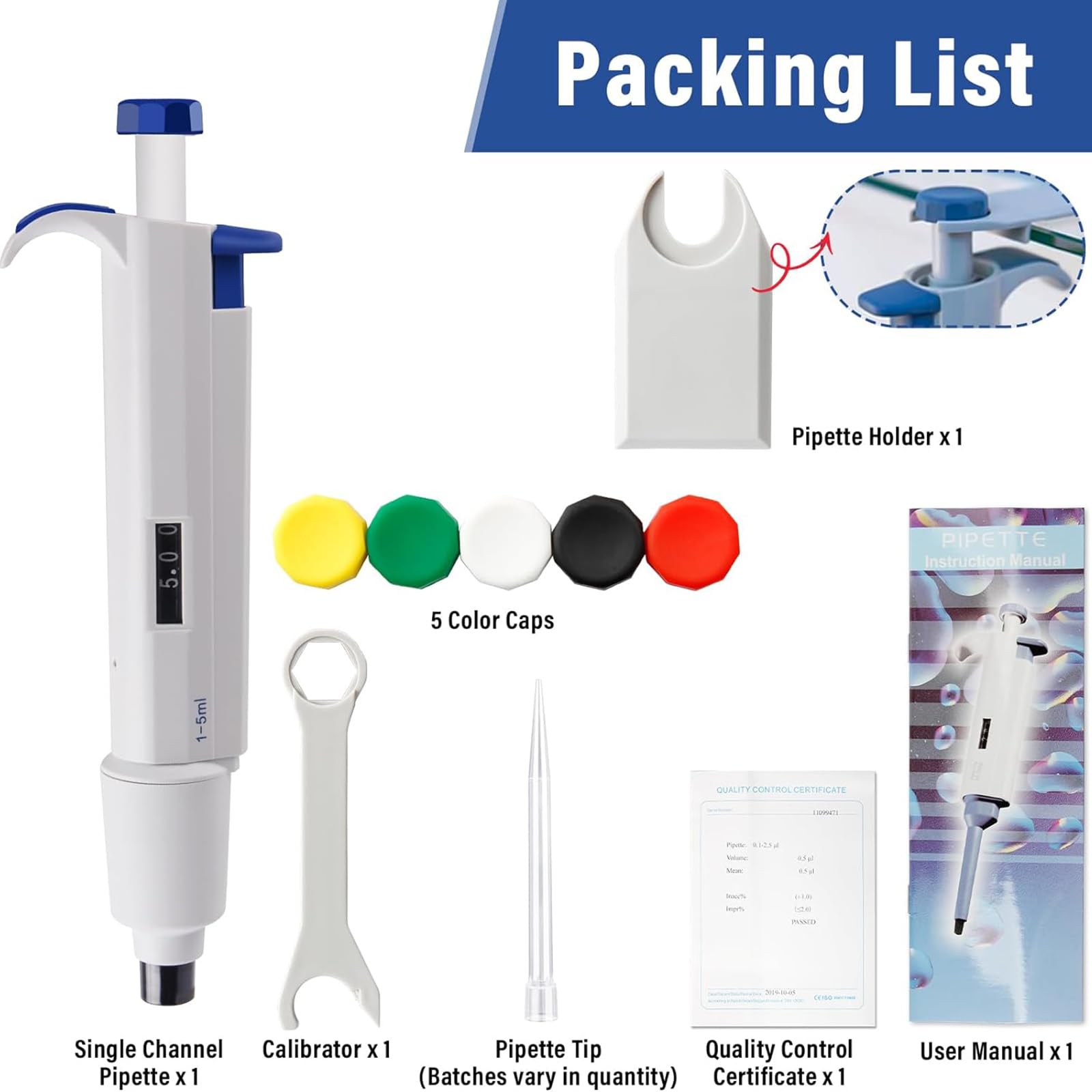 Pipetas de 5 ml – Pipeta de volumen ajustable de laboratorio de un solo canal de 1 ml a 5 ml