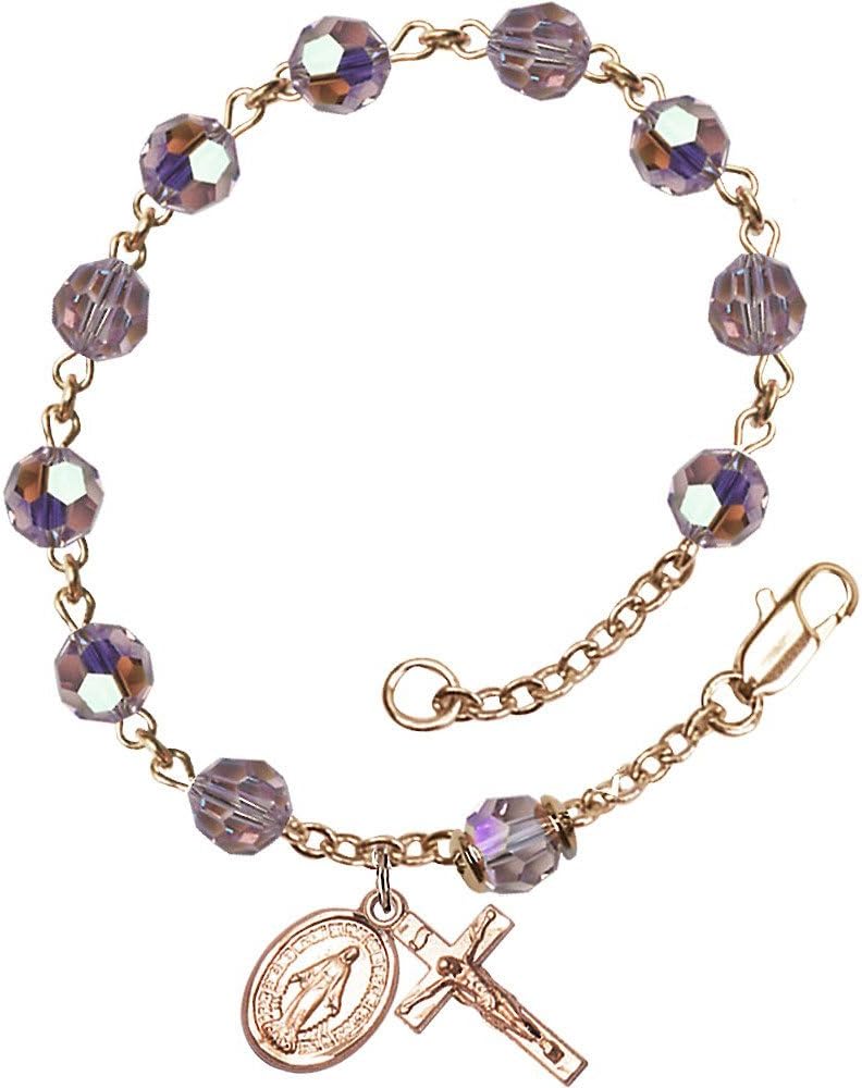 14k Yellow Gold Filled Rosary Bracelet 6mm Light February Purple Austrian Tin Cut Aurora Borealis Crucifix 5/8 x 1/4