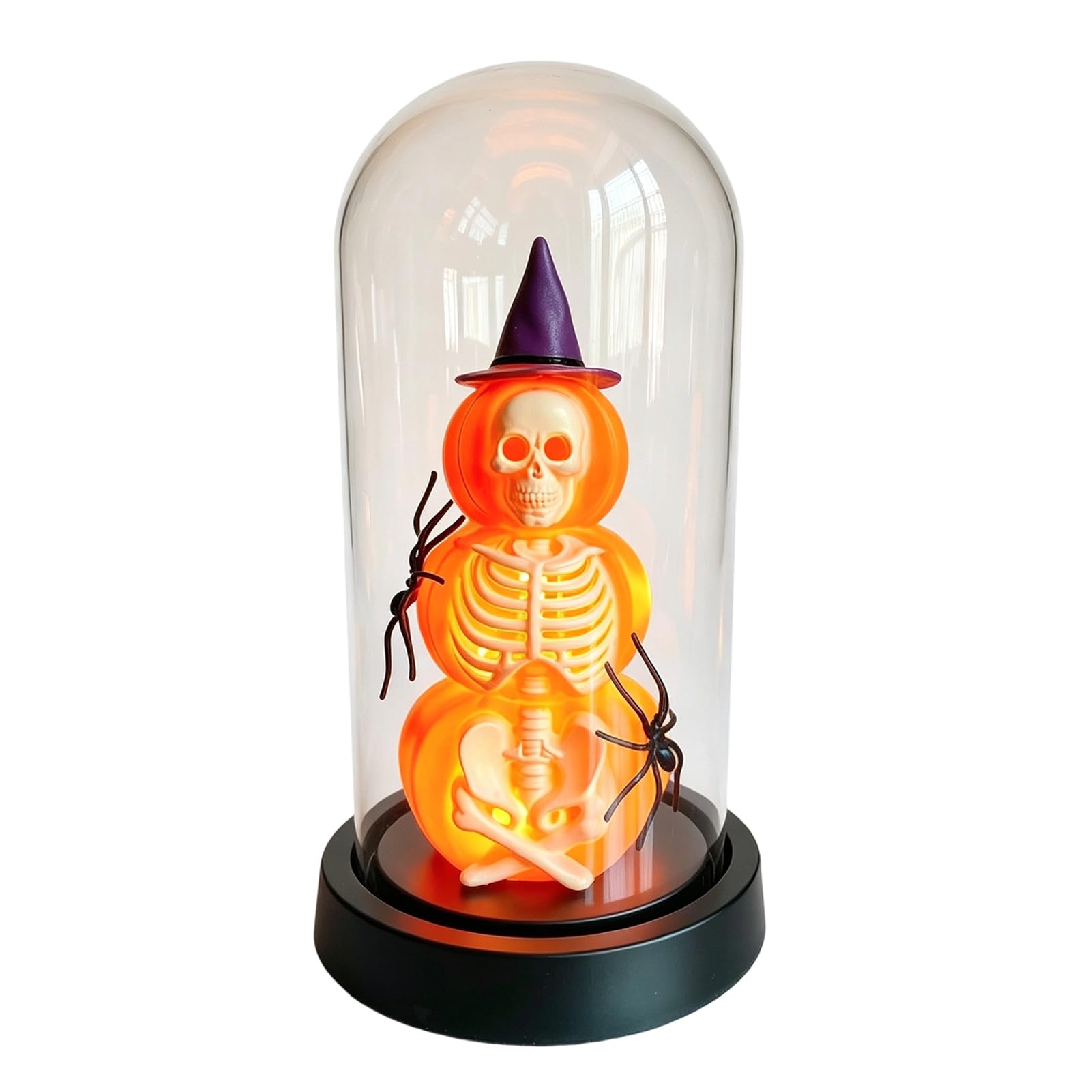 RetroNest Halloween Pumpkin Skeleton Cloche Lamp,LED Lighted Stacking Skull Ornament with Witch Hat,Spooky Tabletop Decor for Home Mantel Party Display 11x22cm Purple Plastic