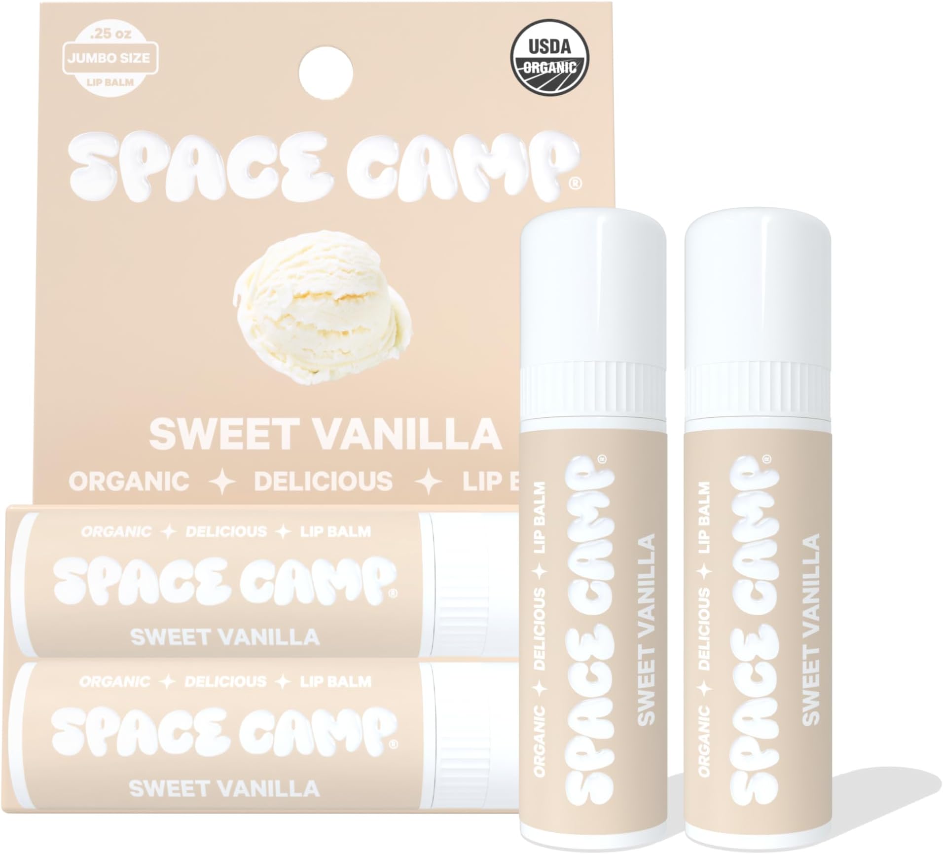 Space Camp Wellness Jumbo Lip Balm - Sweet Vanilla Organic Flavored Balm (2 Pack)
