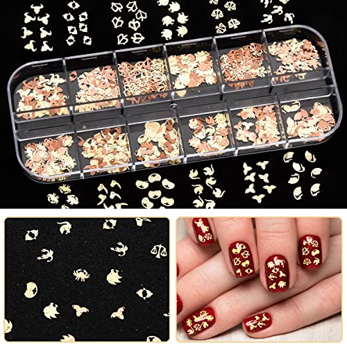 Noverlife 1200Pcs Zodiac Nail Charm Flakes, 12 Constellation Alloy Nail Sequins, 3D Gold 12 Constellation Nail Glitters Zodiac Words Letters Nail Stickers, For Nail Diy Craft Scrapbooking Phone Case #TOP2