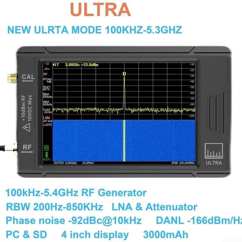 Portátil para analizador de espectro 100 kHz-5.3 GHz, pantalla LCD TFT de 4 pulgadas, 20 dB para ganancia lna, USB-C y para tarjeta sd, detector de señal portátil para pruebas de RF