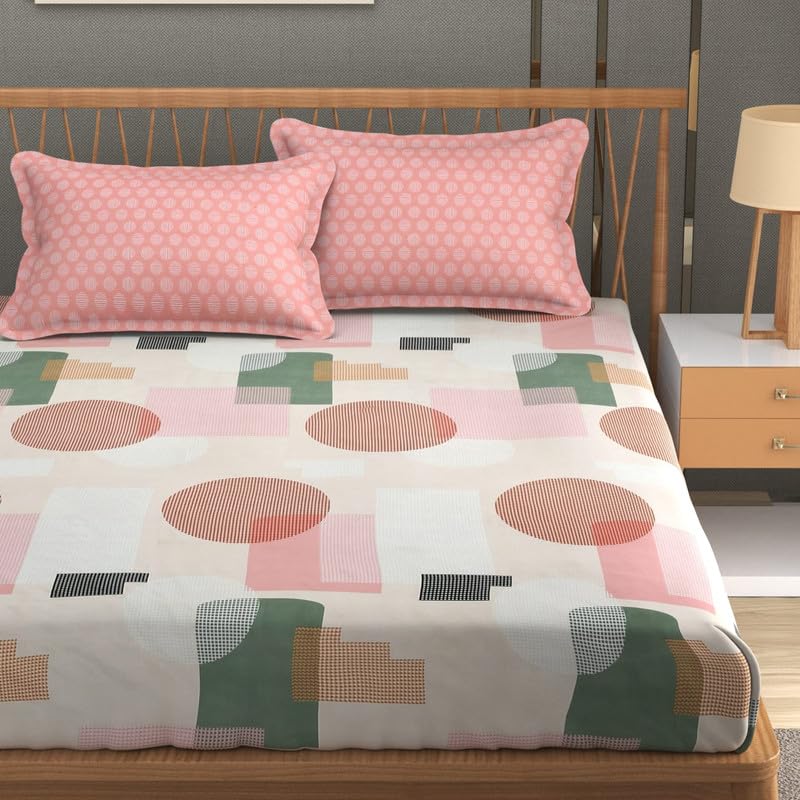 NHD HOME Cotton Flat Double Bedsheets with 2 Contrast Pillow Covers | Double Bed Breathable | Wrinklefree | Ultrasoft |Summer Bedsheet 200 to 220 tc Floral | 90×90 Inches, Polkadot, White Pink