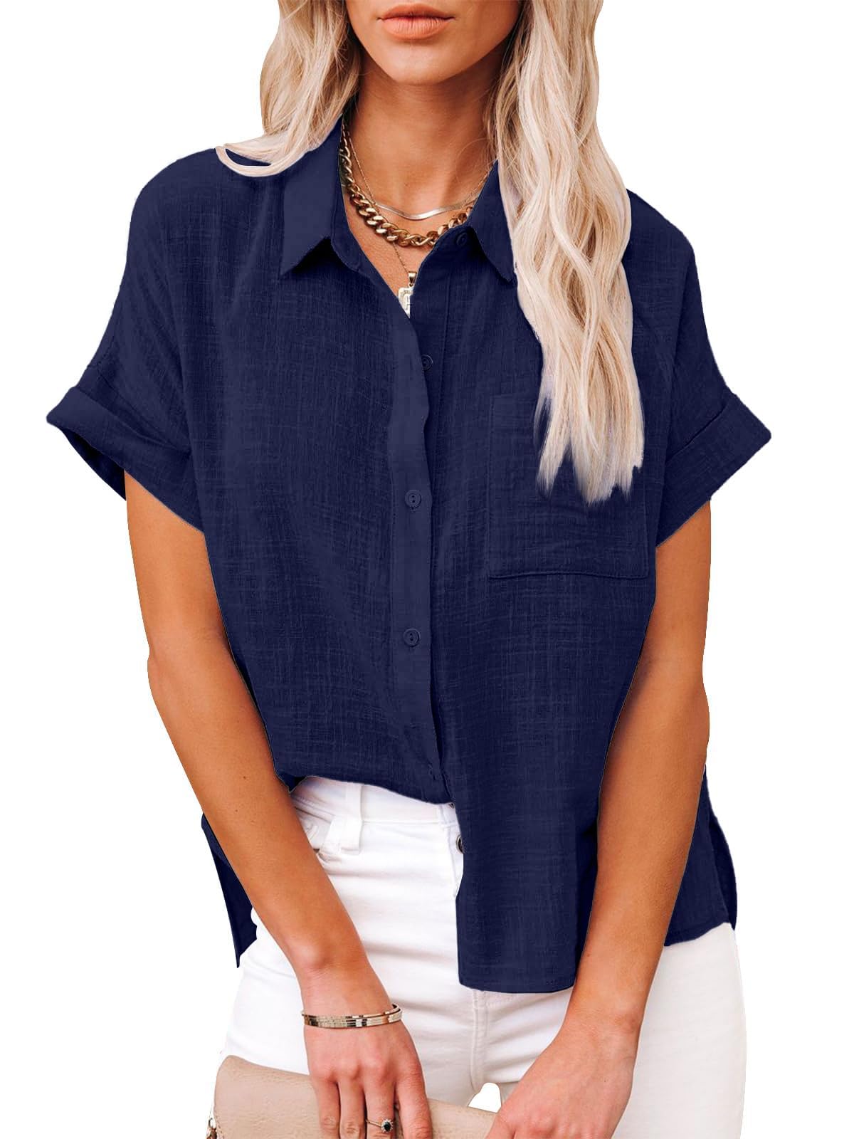 Friptspyg Bluse Damen Blusen & Tuniken Lässiges Kurzarm Hemdbluse Sommer V-Ausschnitt 100% Baumwolle Solide Musselin Bluse Elegant Oberteile mit Tasche