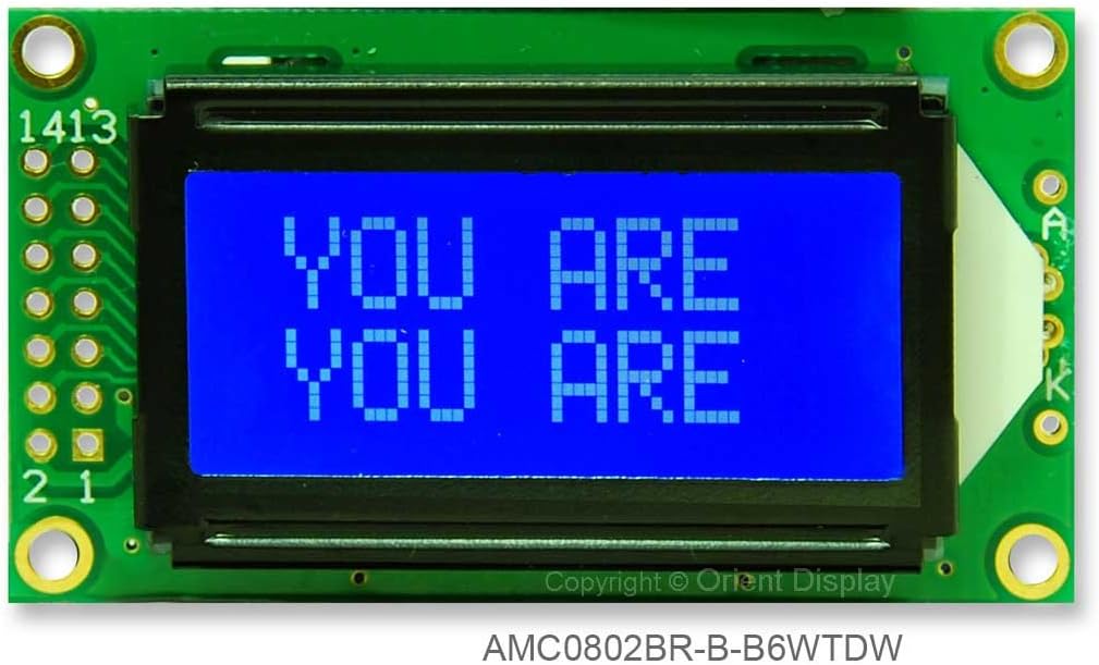 8x2 Character LCD Module White on Blue with White Backlight AMC0802BR-B-B6WTDW