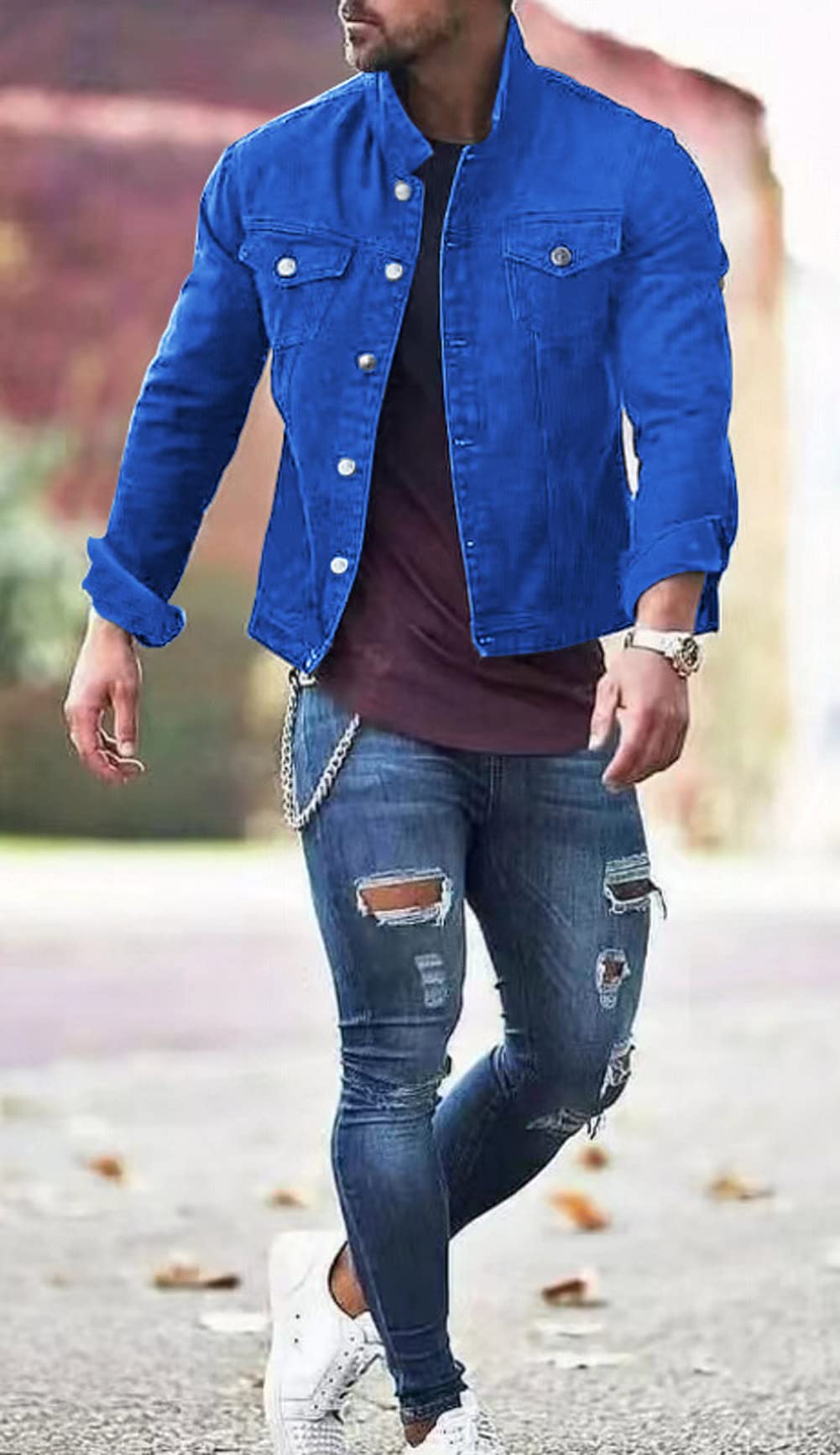 CHARTOU Giacca di jeans da uomo casual vestibilità regolare con bottoni a maniche lunghe Jean Trucker Jacket, Rosso, Large