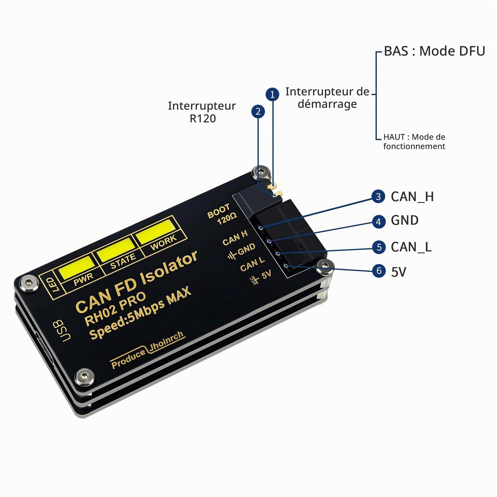 Adaptateur convertisseur USB vers CAN‑FD à isolation jusqu'à 5 Mbps | Construit sur Canable 2.0,isolation du signal et de l’alimentation,circuits de protections multiples TVS/ESD/GDT intégrés