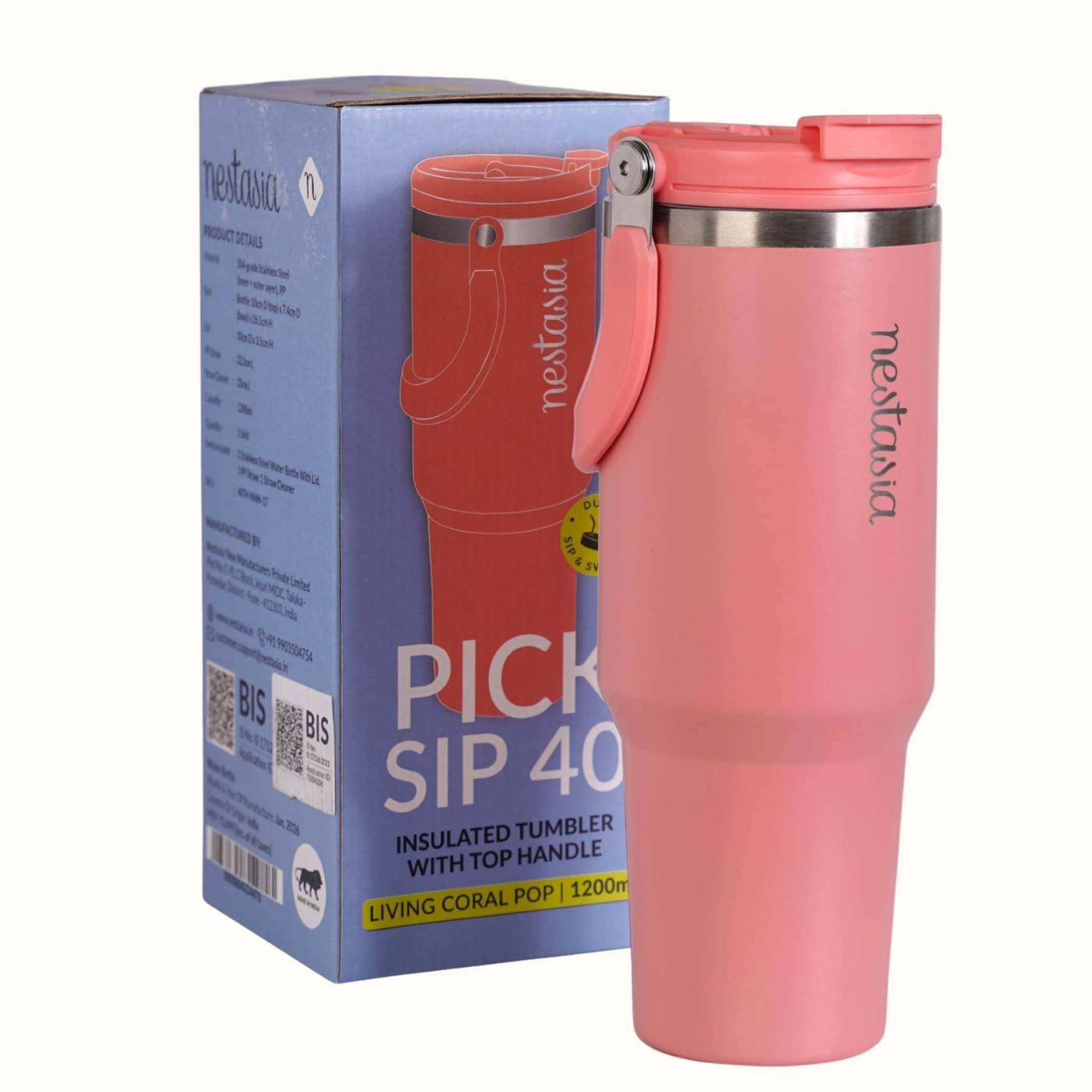 Nestasia PickSip40 Tumbler with Straw & Top Handle 1.2L | Two Sided Lid with Sip & Gulp - Leakproof & Dustproof | Insulated Stainless Steel Sipper Water Bottle for Adults for Office & Gym (Coral Pop)