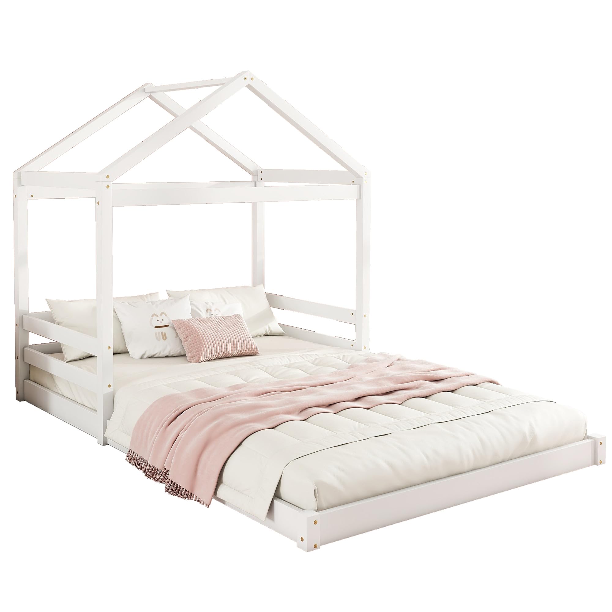 Kinderbett Bodenbett Doppelbett 140x200 cm, Bett Hausbett mit Haus Dach&Lattenrost, Holzbett Bettgestell Jugendbett Flachbett Bettrahmen für Kinder Jungen & Mädchen, Kiefernholz, Ohne Matratze, Weiß