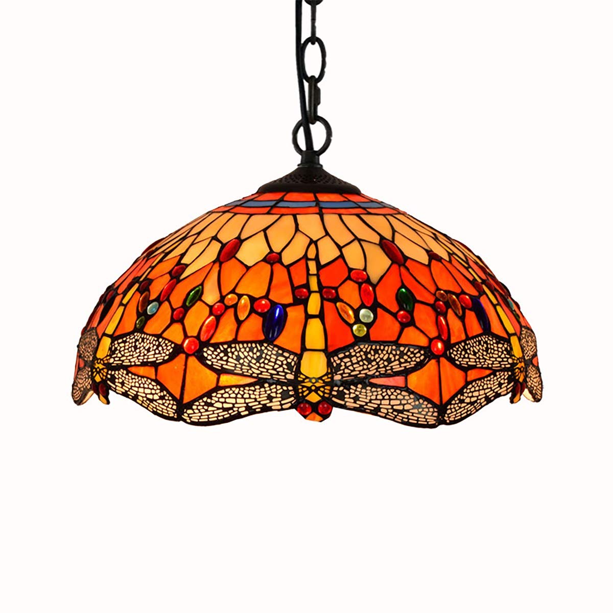 METTEOR Ceiling Stained Glass Chandelier 16" Tiffany Dragonfly Red American Retro Bed Dining Bar Light Stained Glass Decoration Lamp E27