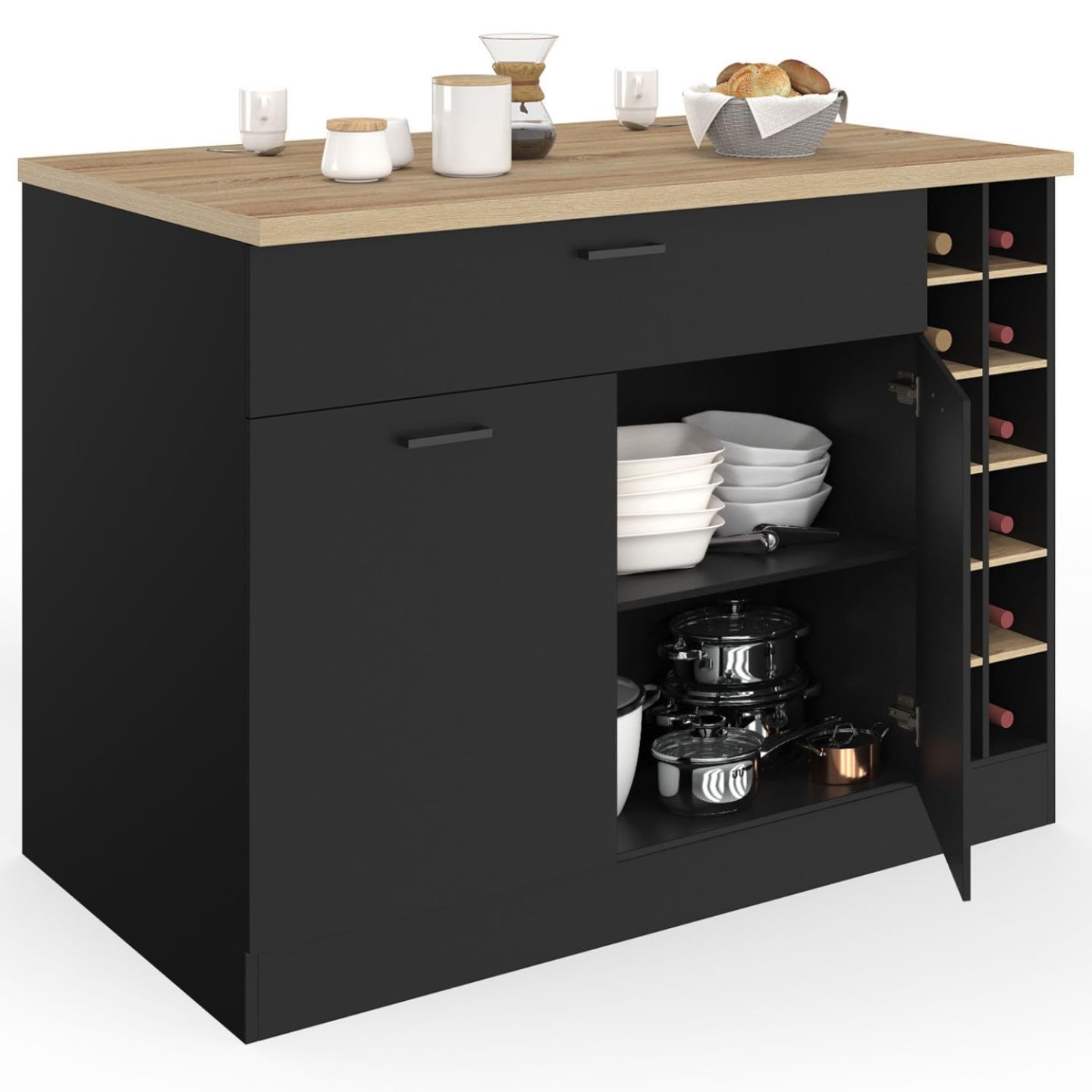 IDMarket - Ilot Central George avec Range-Bouteilles Placard et tiroir Bois Noir avec Plan de Travail façon hêtre