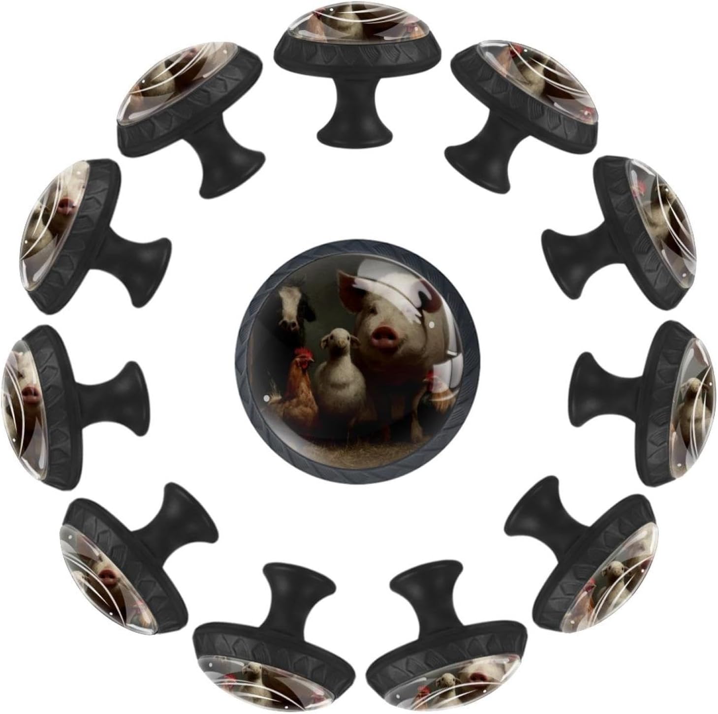 Black Farm Animals (6) Multi-Function Drawer Knobs, Decorative Cabinet Pulls for Wooden Furniture