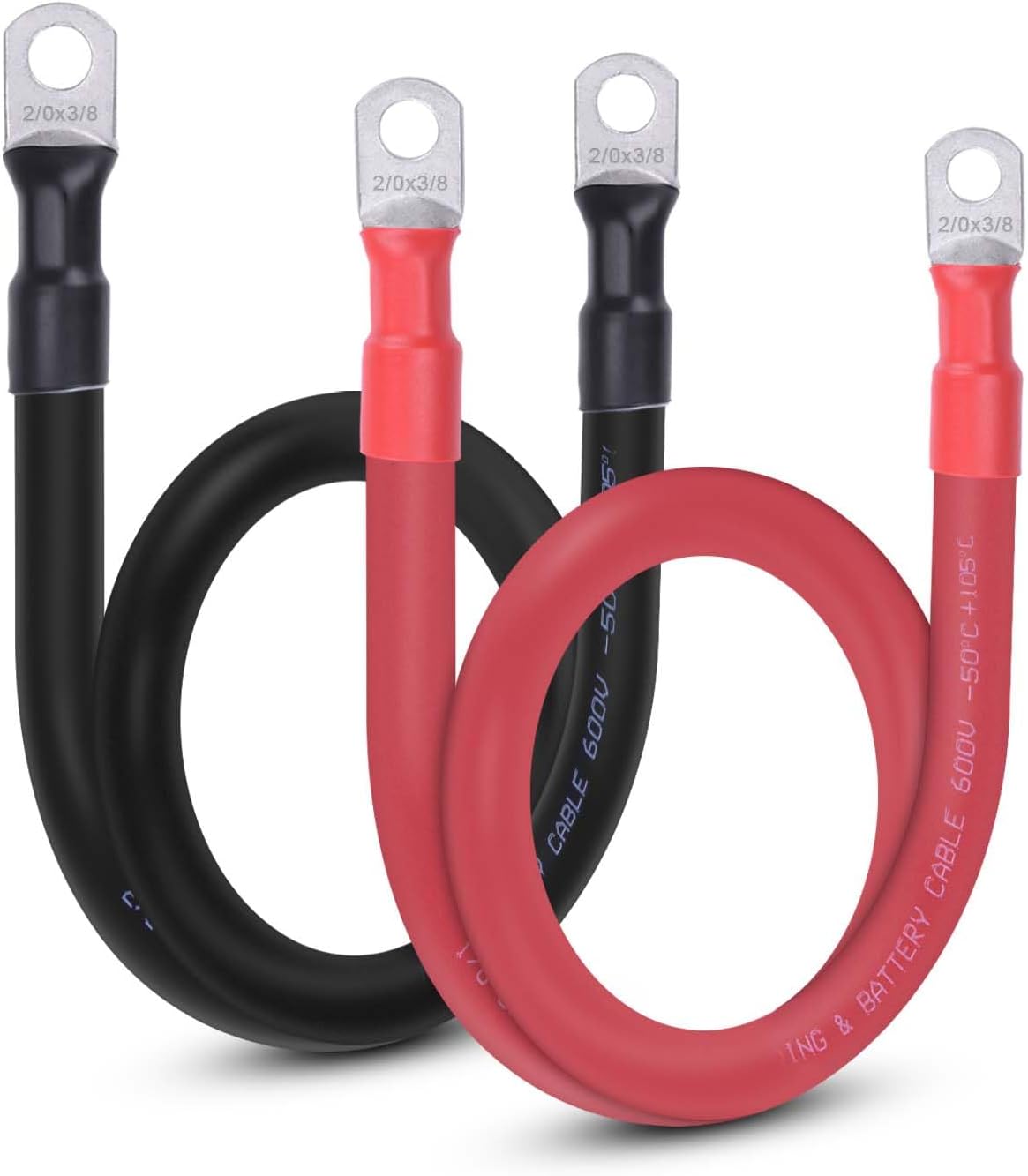 2/0 AWG Flexible Battery Cable with 3/8" Terminals - OFC Pure Copper Inverter & Welding Wire for Automotive Solar RV Motorcycle (Red + Black 2FT Pair)