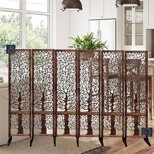 Image of Wooden Room Partition /Screen /Room Divider /Room Separator Traditional Handicrafts 6Ft (Dark Brown) (Tree 6 Panel with Stands)