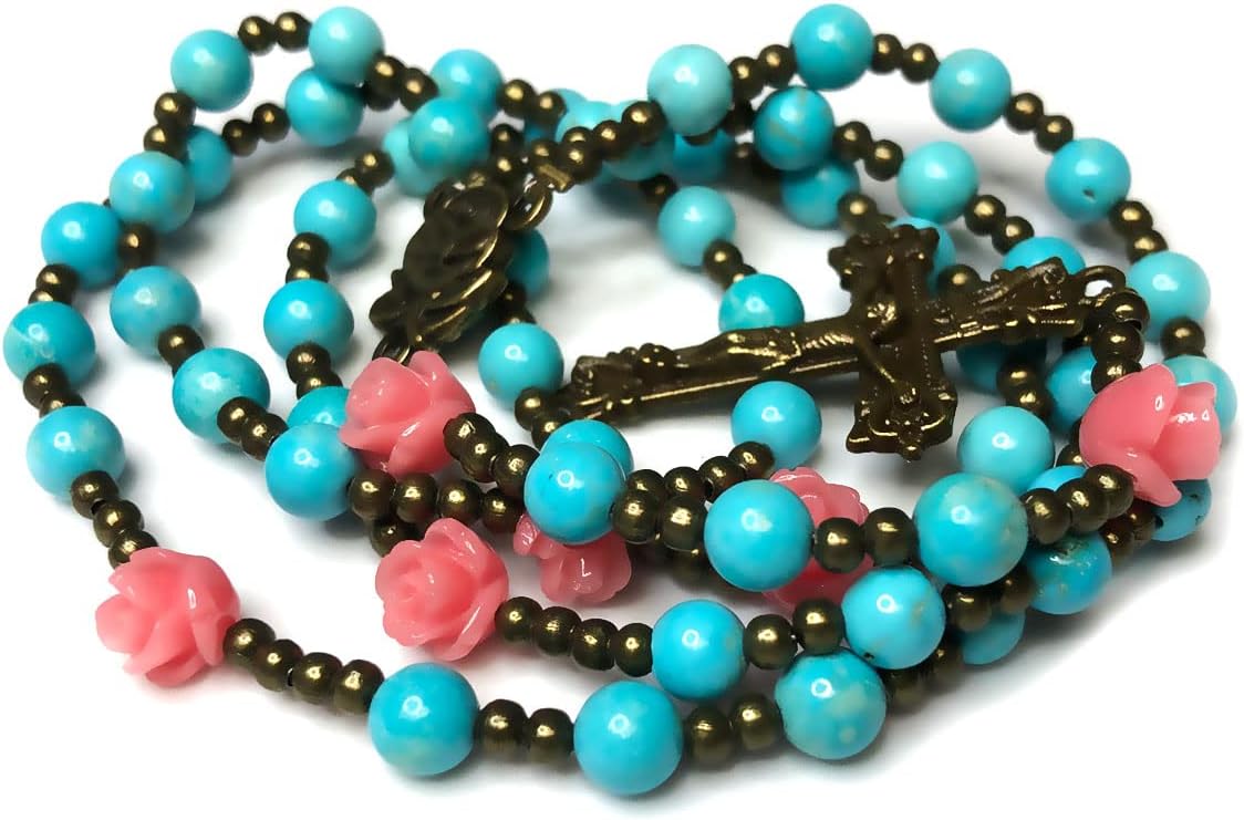 Our Lady of Lourdes Turquoise Stone and Pink Rose Rosary - Catholic Rosary - Rosarios Catolicos - Catholic Gifts Women - Regalos Catolicos Para Mujer - Image 4
