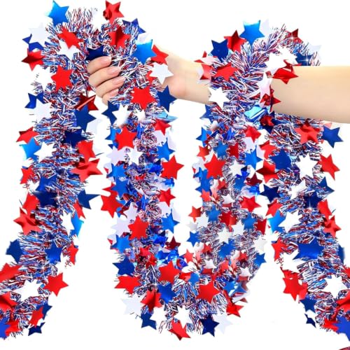 YunPuff 50 Ft Patriotic Star Garland, Red White Blue Metallic Tinsel with 5-Pointed Stars, 4th of July & America 250th Anniversary Decorations for Independence Day Party Mantle Porch Fireplace