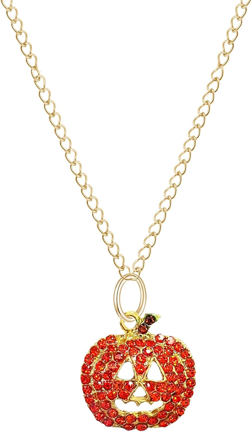 Halloween Diamond Studded Pumpkin Earrings Sparkling Rhinestone Pumpkin Necklace for Women Cute Fall Festival Costume Jewelry Accessory