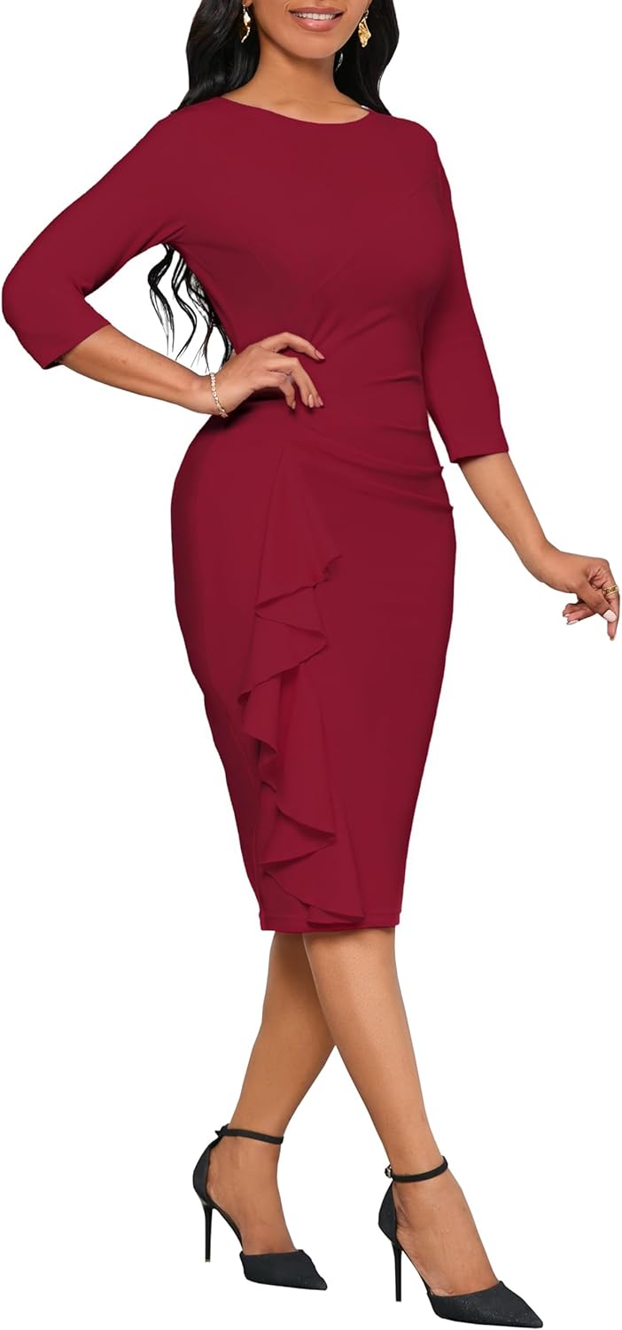 Dresses for Women 3/4 Sleeve Bodycon Ruffle Vintage Wear to Work Pencil Midi Dress - Image 3