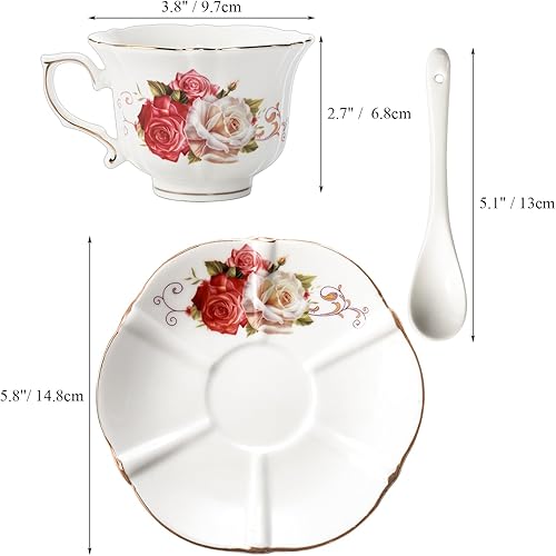 Miniatura 2 de Foraineam Juego de 6 tazas de té y platillo, tazas de té de porcelana marfil rosa con platillos y cucharas, juego de tazas de café floral de 6 onzas