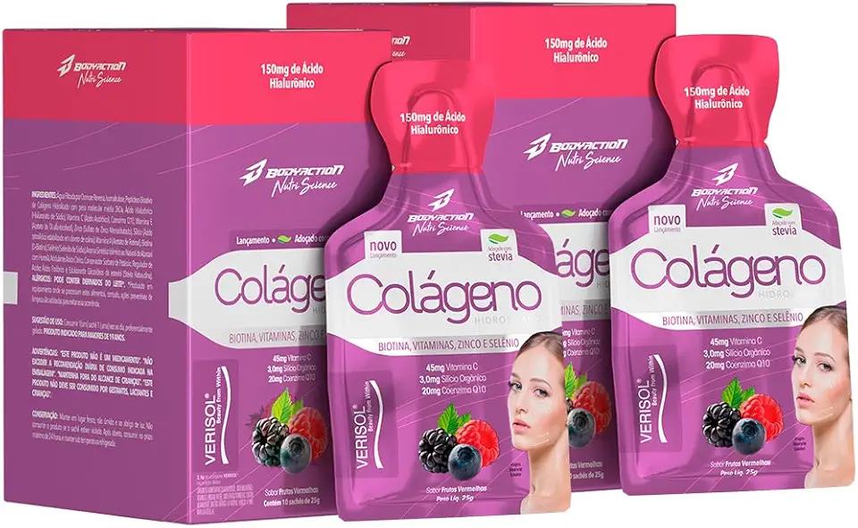 Colágeno Hidrolisado Verisol BodyAction - Ácido Hialurônico + Biotina, Vitaminas, Zinco e Selênio | 10 Sachês de 25g | Colágeno para Pele, Cabelo e Unhas | Com Vitamina C, Silício Orgânico e Coenzima Q10 | Kit 2x Caixas (Frutas Vermelhas)