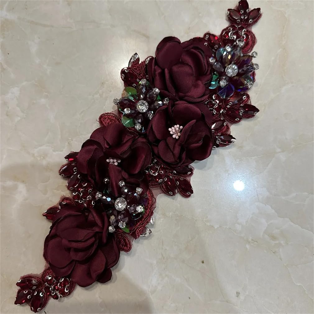 Generic 2Pcs Handmade 3D Rhinestone Flower Embroidery Applique Patch Sew On Hat and Clothes for DIY, B wine red
