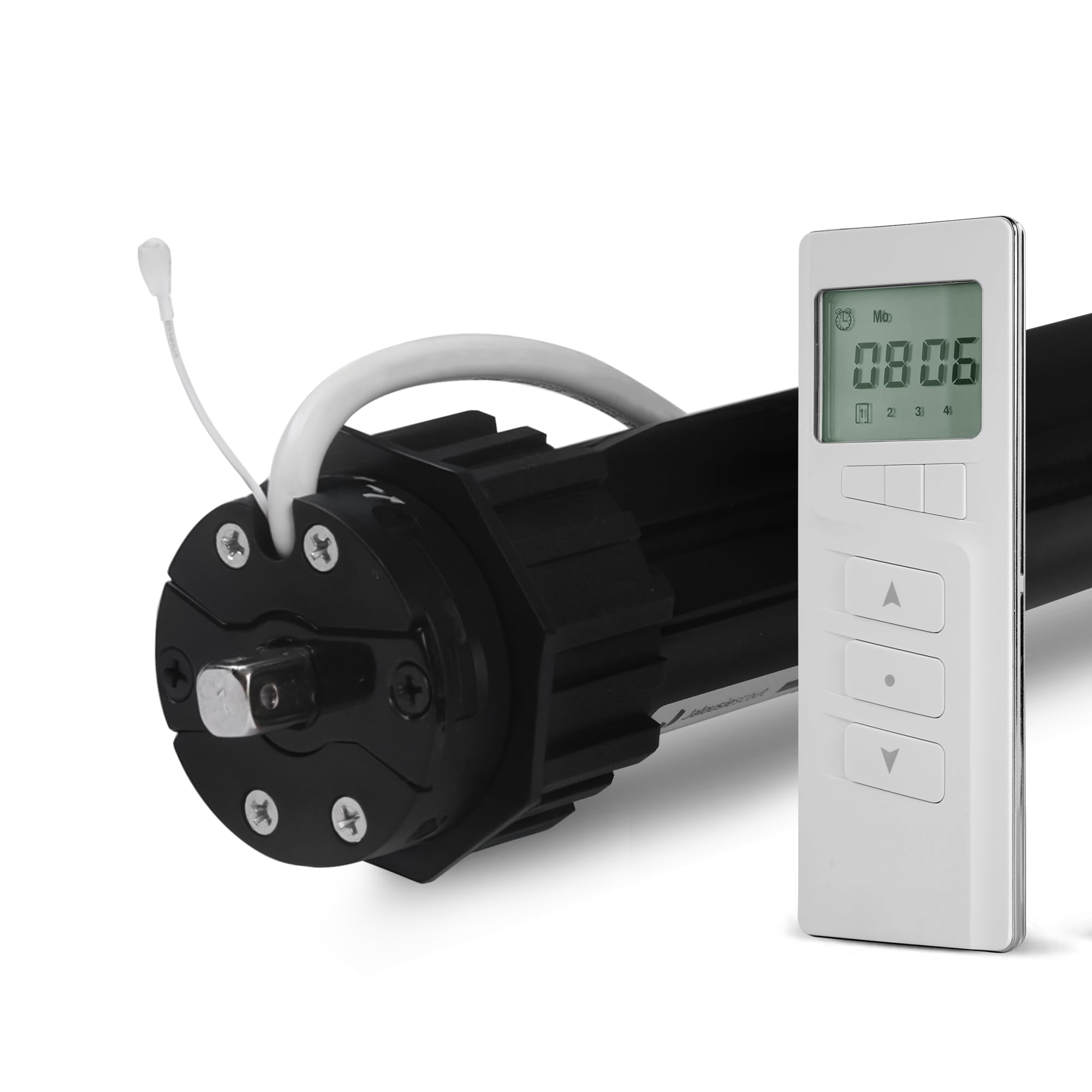 Jalousiescout Elektronischer Funk-Rollladenmotor MK 20/17 Zugkraft 20 Nm 42 kg SW60 mit Thermoschutz Plus 4-Kanal Handsender Timer MKT 04 mit integrierter Zeitschaltuhr, inkl. Wandhalterung