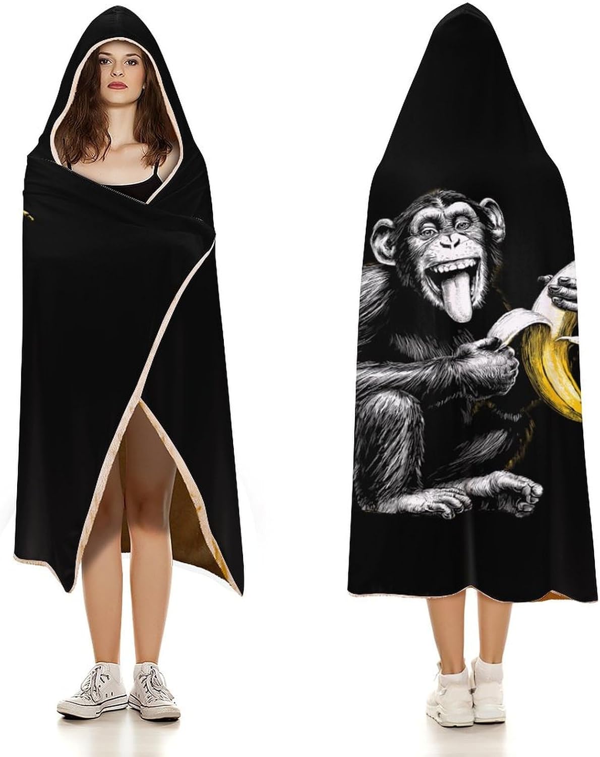 Chimpanzee Monkey Banana Wearable Blanket Oversized Throw Cape | Cozy Hooded Blanket Gifts for Women Men