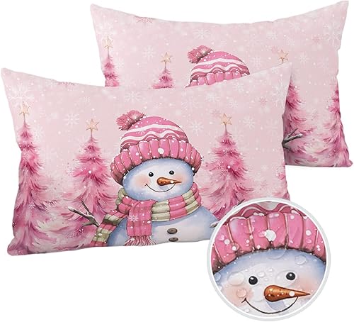 Miniatura 9 de Funda de almohada de invierno para exteriores, diseño de muñeco de nieve, pino, rosa, impermeable, paquete de 2 fundas de almohada con copos de