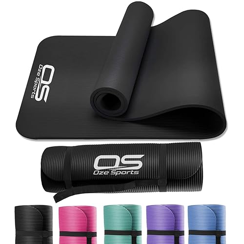 Yoga Mat Exercise NBR Fitness foam mat Extra Thick Non-Slip Large Padded High Density ideal for HiiT Pilates gymnastics mats Fitness & Workout with Free Carry Strap - Black