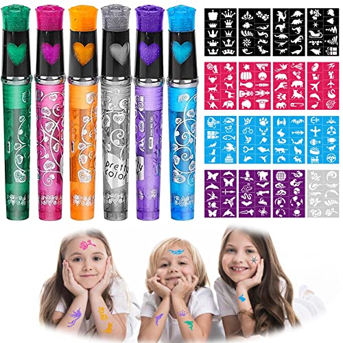 Qetlavee Tattoo Stifte Kinder,Glitzertattoo Set,Gelstifte mit 6 Farben und 16 Blätter Schablonen mit 160 Muster,Glitzer Farben Marker für Mädchen Jungs Geschenk,Temporäre Tattoos für Halloween Party Cover