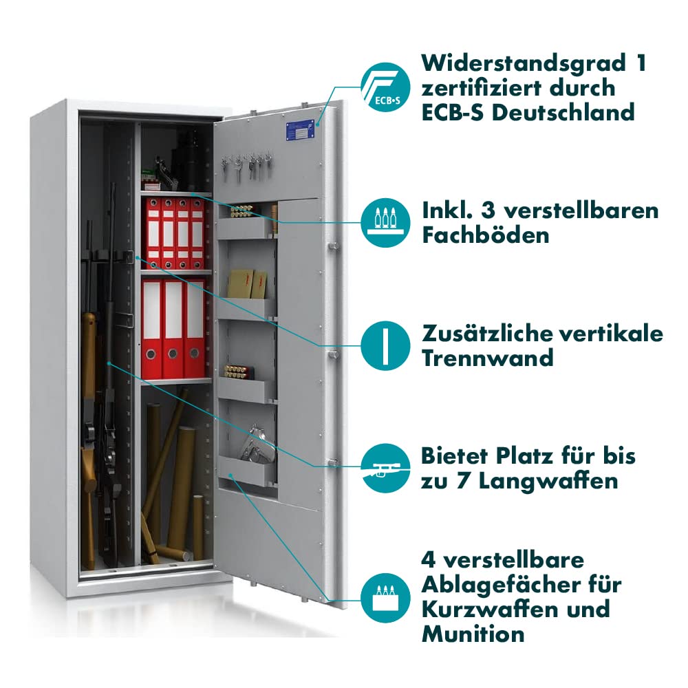 SafeHero Waffenschrank Klasse 1 EN 1143-1 Secureo Eagle 7 Kombi | Waffenschrank 1 für 7 Langwaffen | Langwaffenschrank Elektronikschloss mit Schlüssel | Waffenschrank Langwaffen, Kurzwaffen + Munition