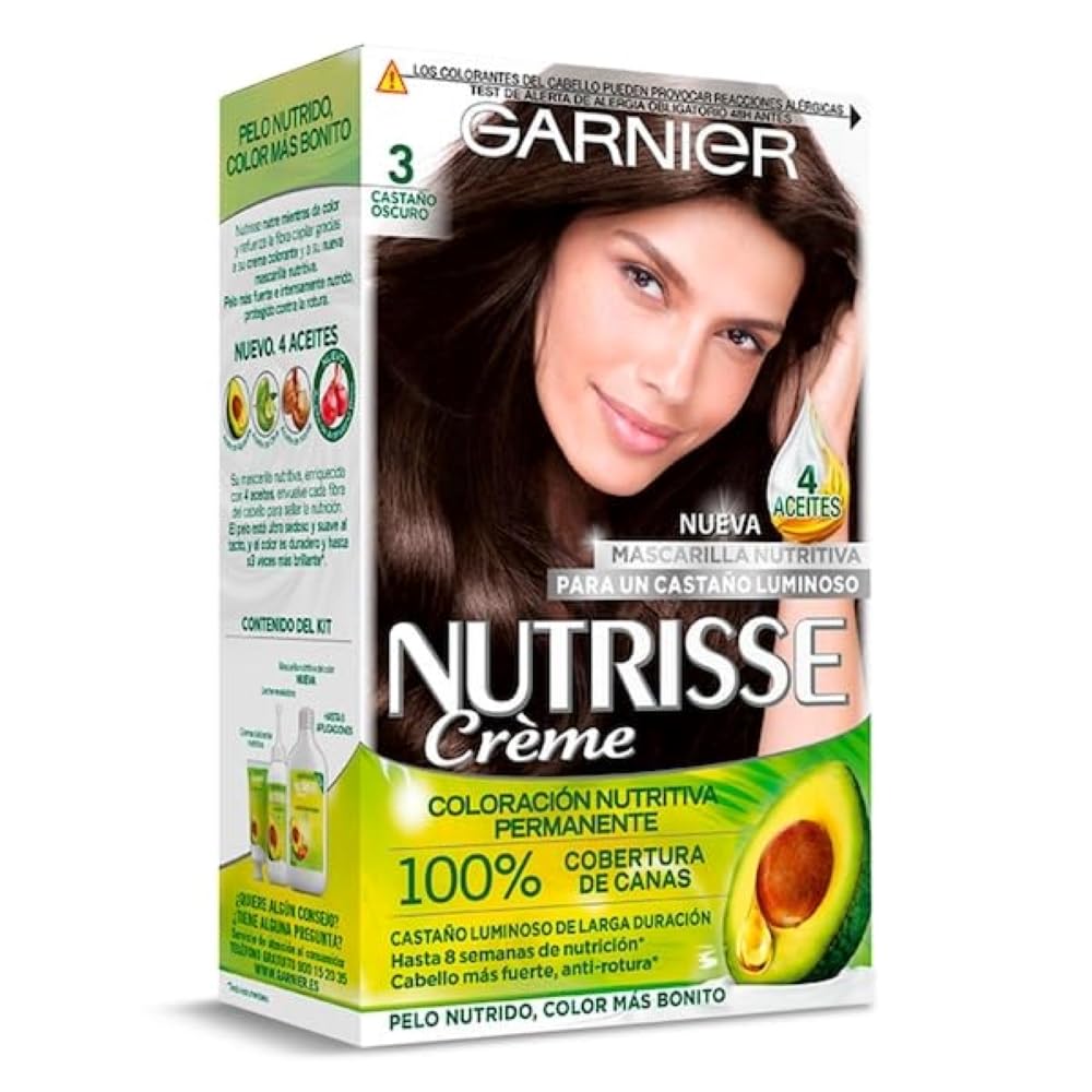 Garnier Nutrisse Creme Coloración Nutritiva Permanente, Tinte 100% Cobertura de Canas con Mascarilla Nutritiva de 4 Aceites - Tono 3 Castaño Oscuro, El embalaje puede variar