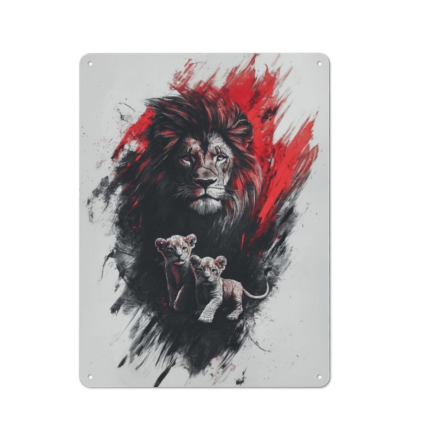 Lion Family Portrait Understated Metal Wall Decor 40x30cm, Decorative Metal Sign for Workspace, Cafe, Shop Or Desk Area