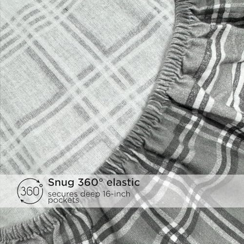 Image of Briarwood Home Printed Flannel Sheet Set, 100% Natural Cotton, Soft, Warm & Deep Pocket, Advanced Nano-Tech Making it Resistance to Pilling; Brushed 6 Times for Softness (Grey Plaid, Queen)