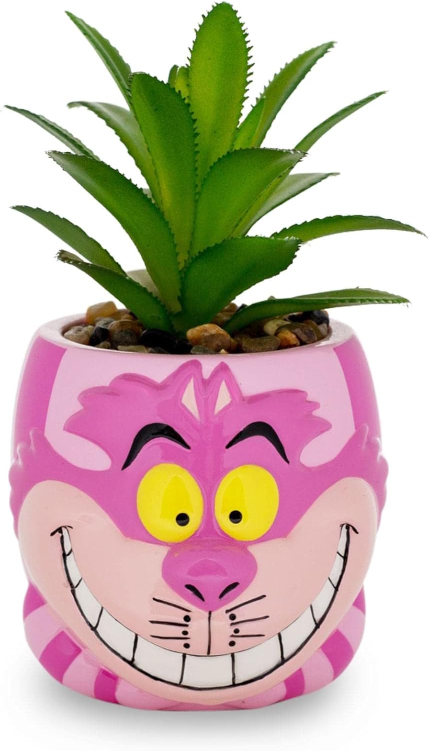 Silver Buffalo Disney Alice in Wonderland Cheshire Cat 3-Inch Ceramic Mini Planter w/Artificial Succulent | Small Flower Pot, Faux Indoor Plants for Desk Shelf, Home Decor Trinket Tray