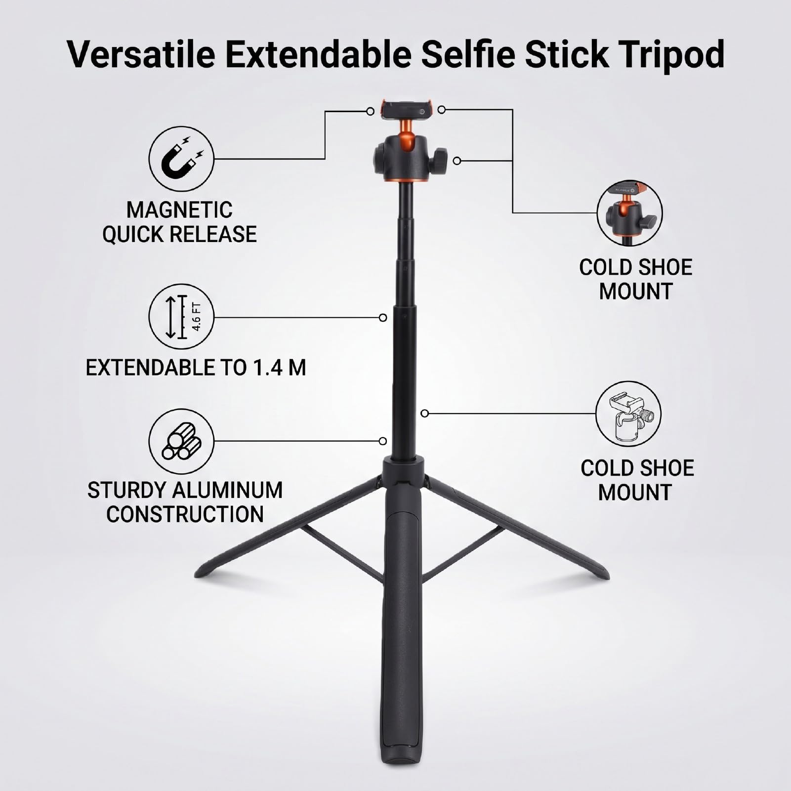 Sxhlseller Treppiede Magnetico per Selfie a Sgancio Rapido da 4,6 Piedi |per Action 6 Nano Impugnatura Testa a Sfera a 360° Asta di Prolunga in Lega di Alluminio Registrazione Costante