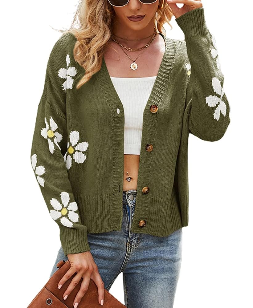 chouyatou Women's Fall Cute Daisy Button Jacquard Knit