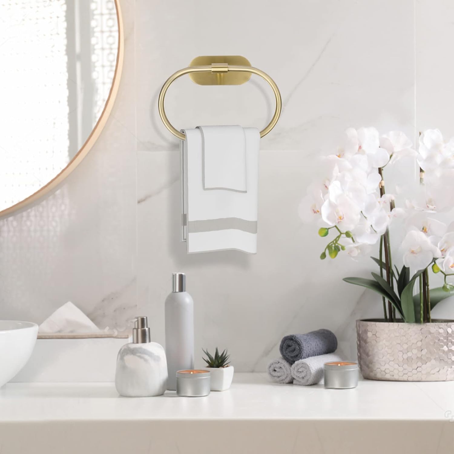 HouseAid 5-Piece Self Adhesive Towel Holder Set for Bathroom, Adhesive Bathroom Hardware Accessories Including Towel Ring, Toilet Paper Holder, 18” Towel Bar and 2 Towel Hooks, Brushed Gold