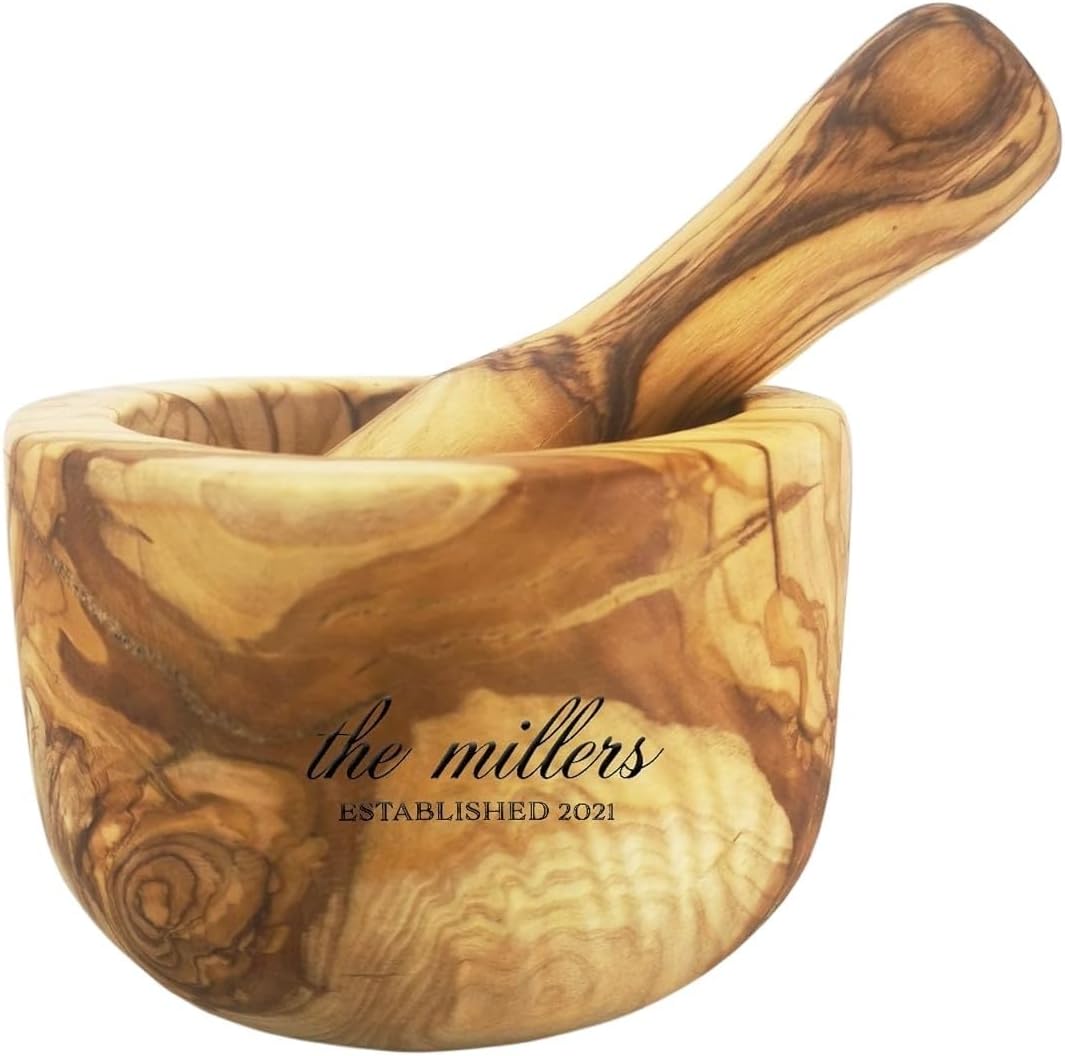 Personalized Handcrafted Olive Wood Mortar and Pestle Set, Crusher and Herb Spice Grinder Housewarming Gift, Rustic Farmhouse Kitchen Decor, Herb Crusher Handmade Mediterranean Olive Wood 4.5"x3.2"