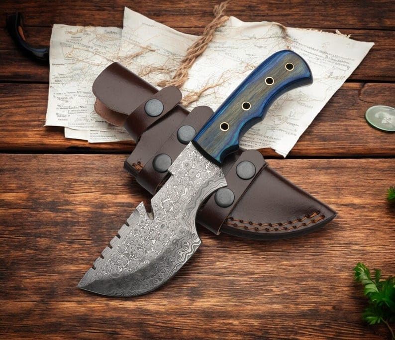 Handmade Damascus Steel Tracker Knife with Leather Sheath, EDC Fixed Blade Knives for Hunting Camping Outdoor Activities, Gift (Blue Wood)