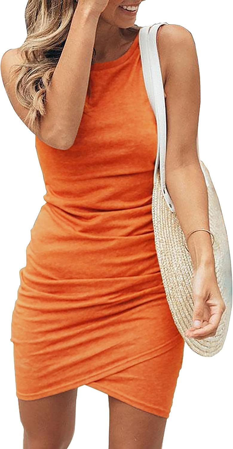 Women 2023 Summer Sleeveless Tank Dresses Crew Neck Slim Fit Short Casual Ruched Bodycon Party Club Mini Dress