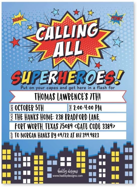 Hadley Designs Kids Birthday Invitations For Boys Superhero Theme - 25 Superhero Birthday Party Invitations For Boys, Comic Book Invites For Boy, Cute Super Hero Party Supplies, Made In USA