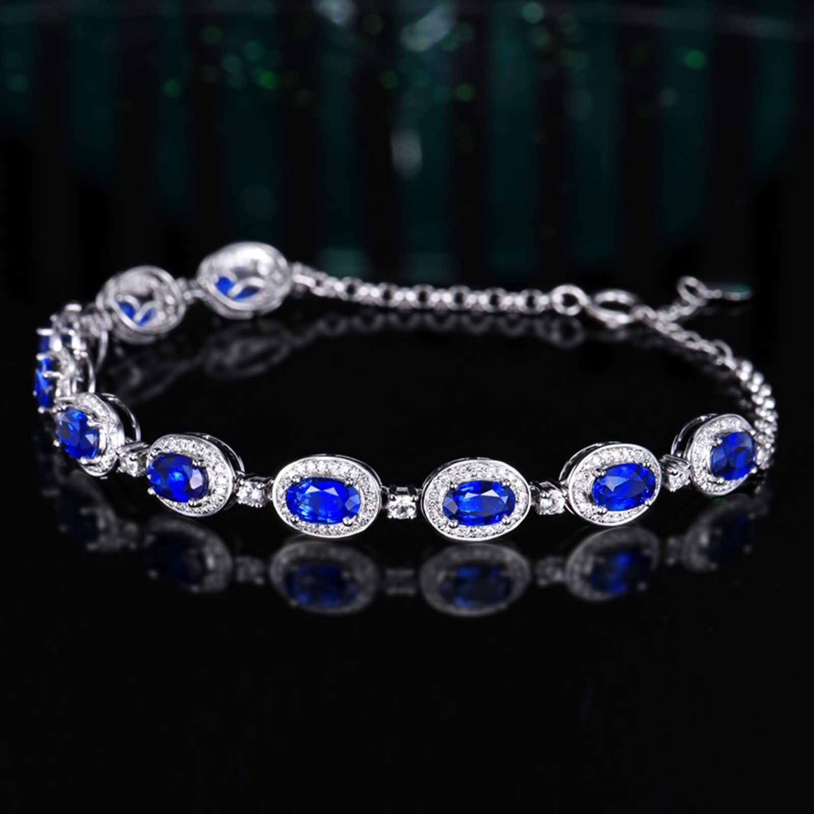 Pulsera de Oro Blanco Mujer 9 Kilates / 14 Kilates / 18 Kilates, Oval con Zafiro Creado de 4,3 ct y Diamante, Cadena Extensible 16 CM + 5 CM, Pulsera Plata Azul Verde Mujer Ajustable