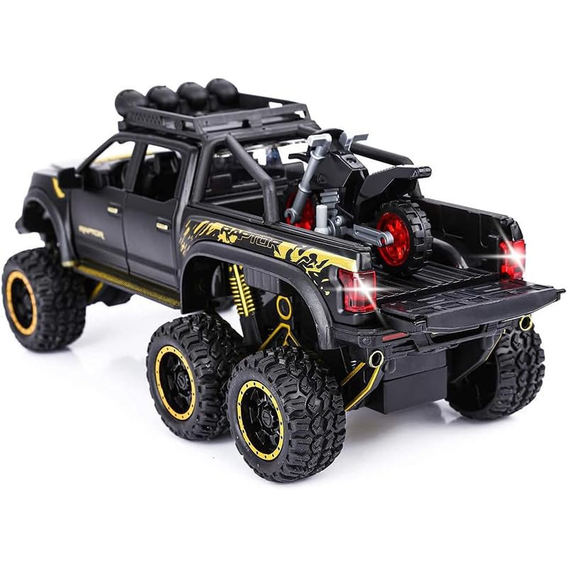 Image of New 1:24 Raptor F150 Diecast Alloy Metal Pull Back Car with Openable Doors Music Sound and Light Vehicle Toy Car for Kids Boys (Black)