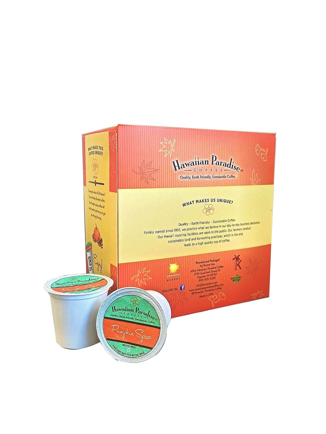 Hawaiian Paradise Coffee Pumpkin Spice Single Serve Cups (18 Cups) – Medium Roast with an Amazing Aroma – Farm Fresh Arabica Beans- Compatible with Keurig K-Cup Brewers