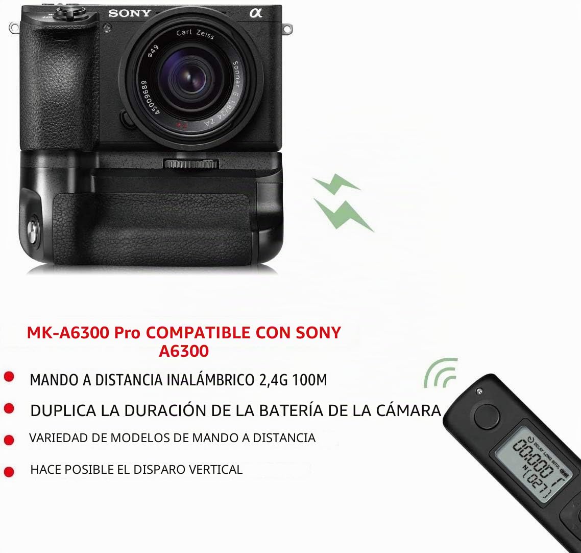 MK-A6300 Pro - Soporte para batería con Pantalla LCD de 2,4 G, Control Remoto inalámbrico para Sony A6300 A6000 A6100 A6400/ILCE-6300/6000, Uso NP-FW50 (batería no incluida)
