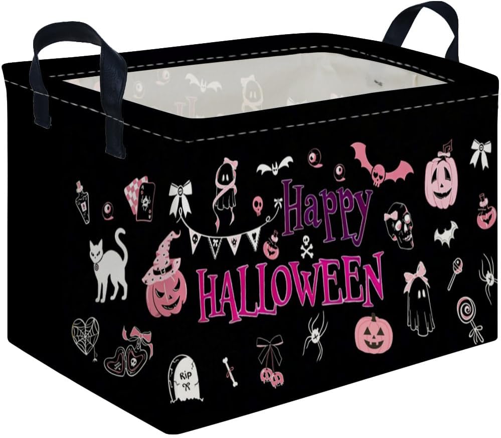 Rectangular Dinosaur Halloween Basket,Trick or Treat Baskets for Boys and Girls,Empty Halloween basket,Waterproof collapsible storage box,Horror Decor,Gift box(Black Halloween)