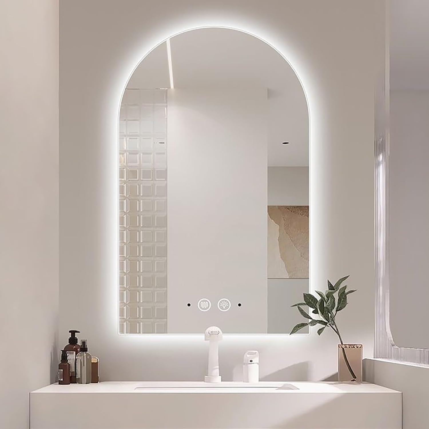 BKSXSOP Bathroom mirror with LED light, dimmable, HD tempered glass, illuminated backlit bathroom mirror, smart wall frameless multifunctional makeup vanity light