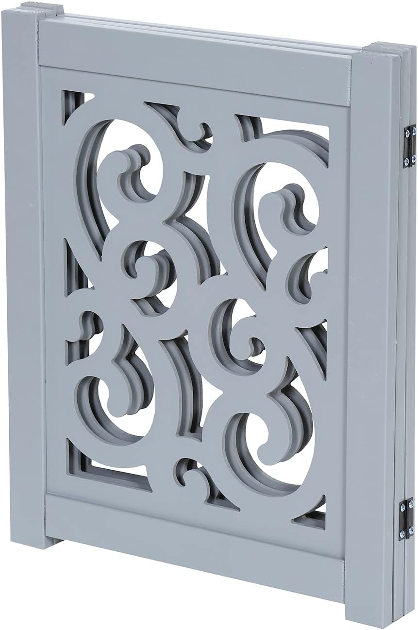 HOME DISTRICT Dog Gate Freestanding Pet Gate 4-Panel & 3 Panel Pet Gate for Dogs Folding Dog Gate Quadfold & Trifold Pet Gate for Small Dogs Decorative Pet Gate for Dogs Indoor, Grey Scroll 47" x 19"